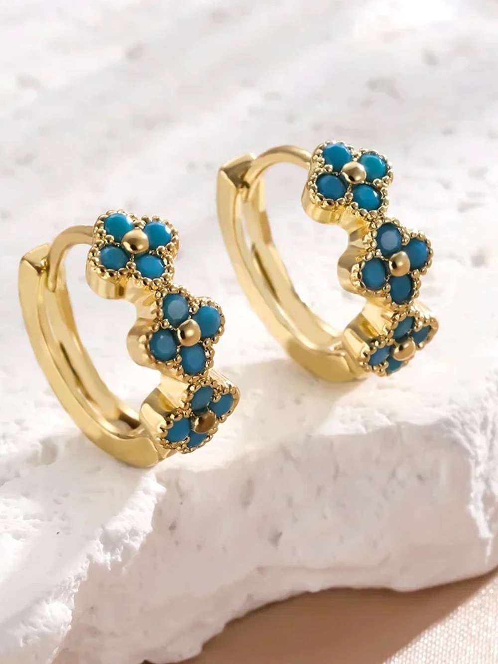 Turquoise Flower Hoop Earrings New